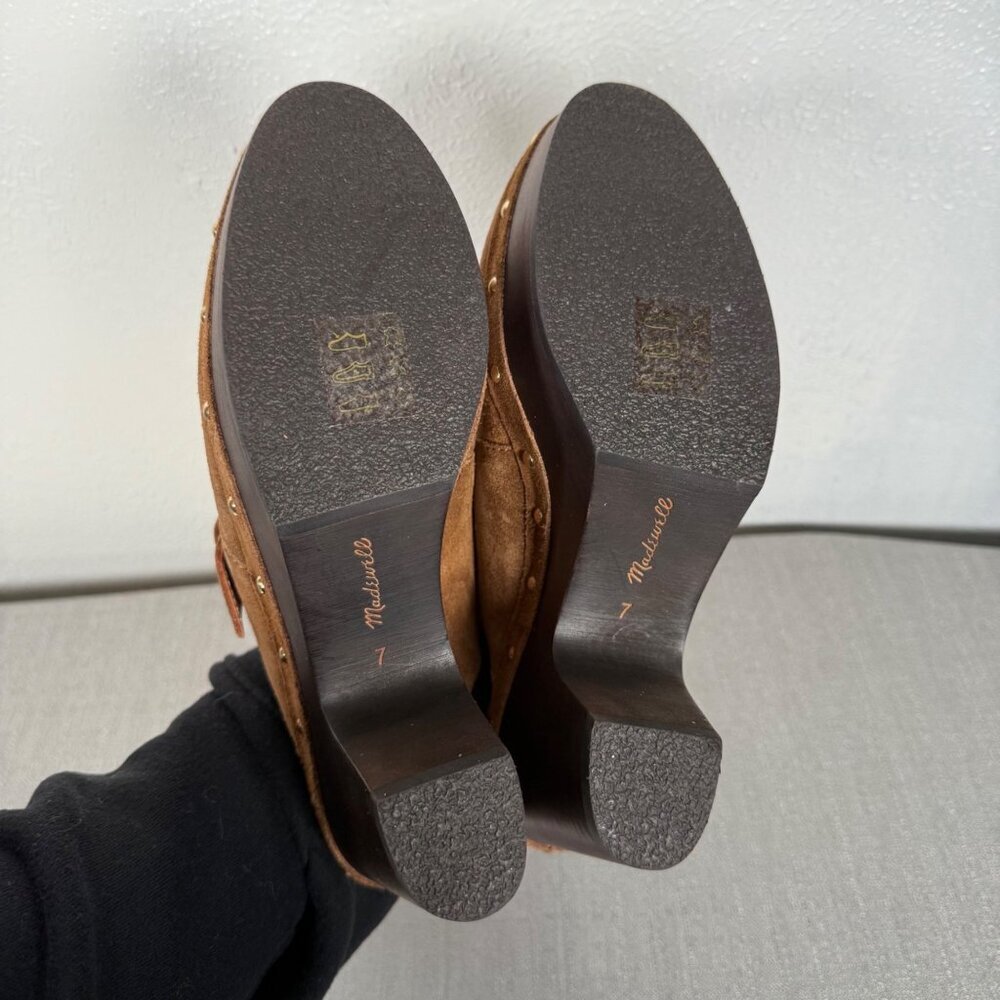 Madewell The Wes Buckle-Strap Clog Brown Suede Gold Studded Heels Platform 7 - Picture 4 of 16